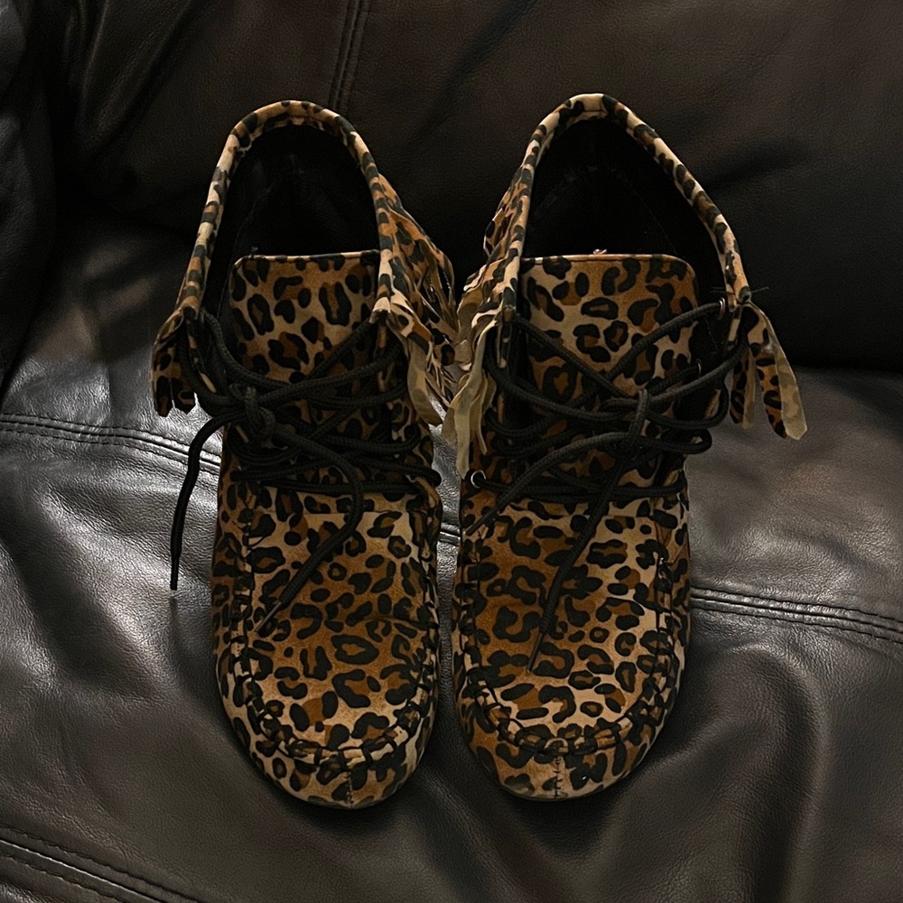 Yoki Leopard Print Lace Up Moccasins.